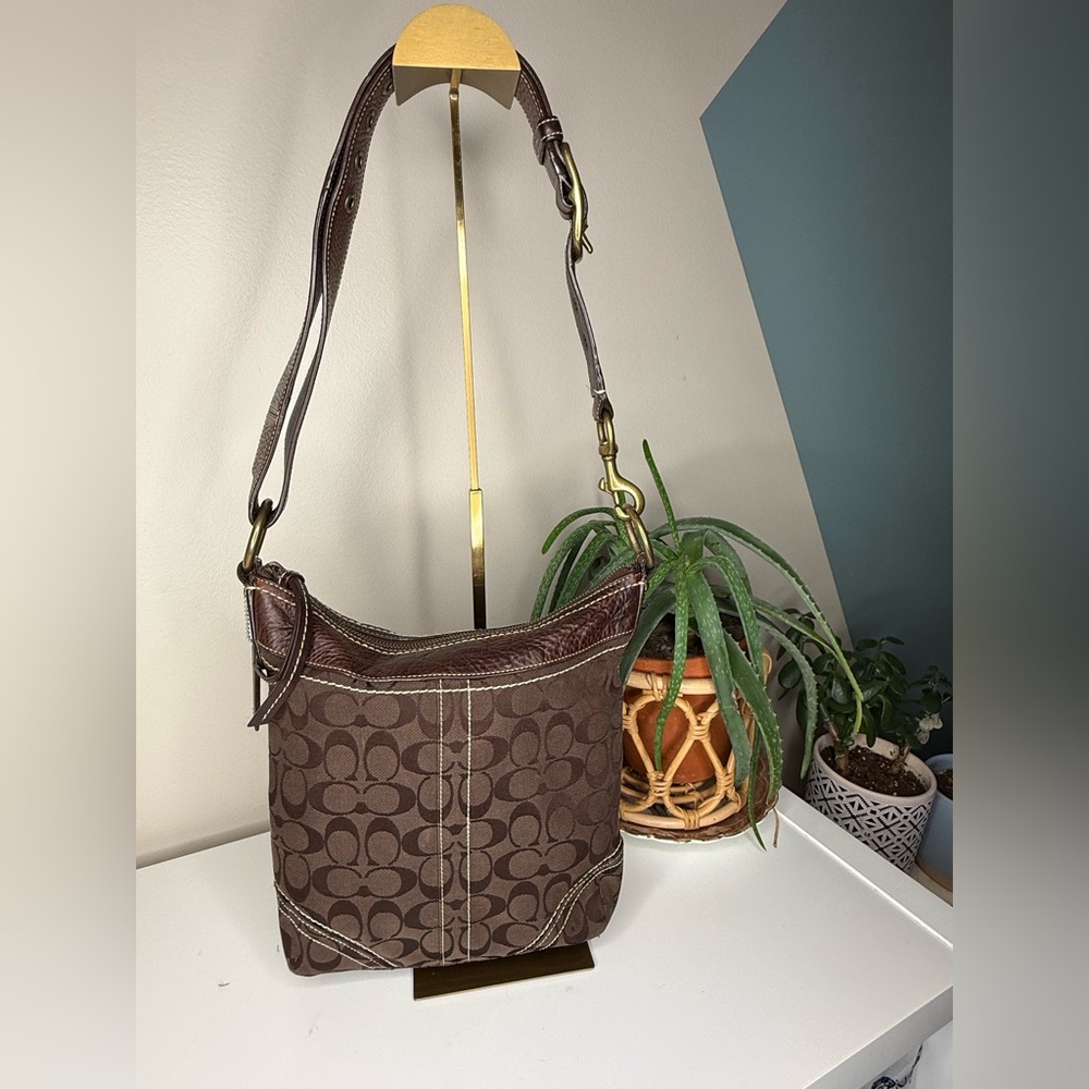 Coach Signature Brown Canvas Hobo Bag Leather Trim Y2K Vintage Crossbody Purse - Picture 2 of 14